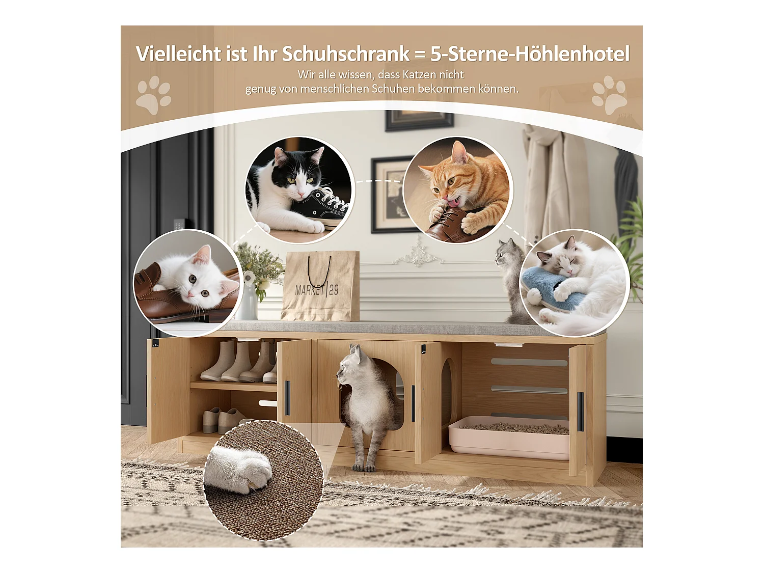 Versteckte Katzentoilette – 140 x 40 x 45,5 cm – Integrierter Kratzbaum und Belüftung – Spanplatte – Natur
