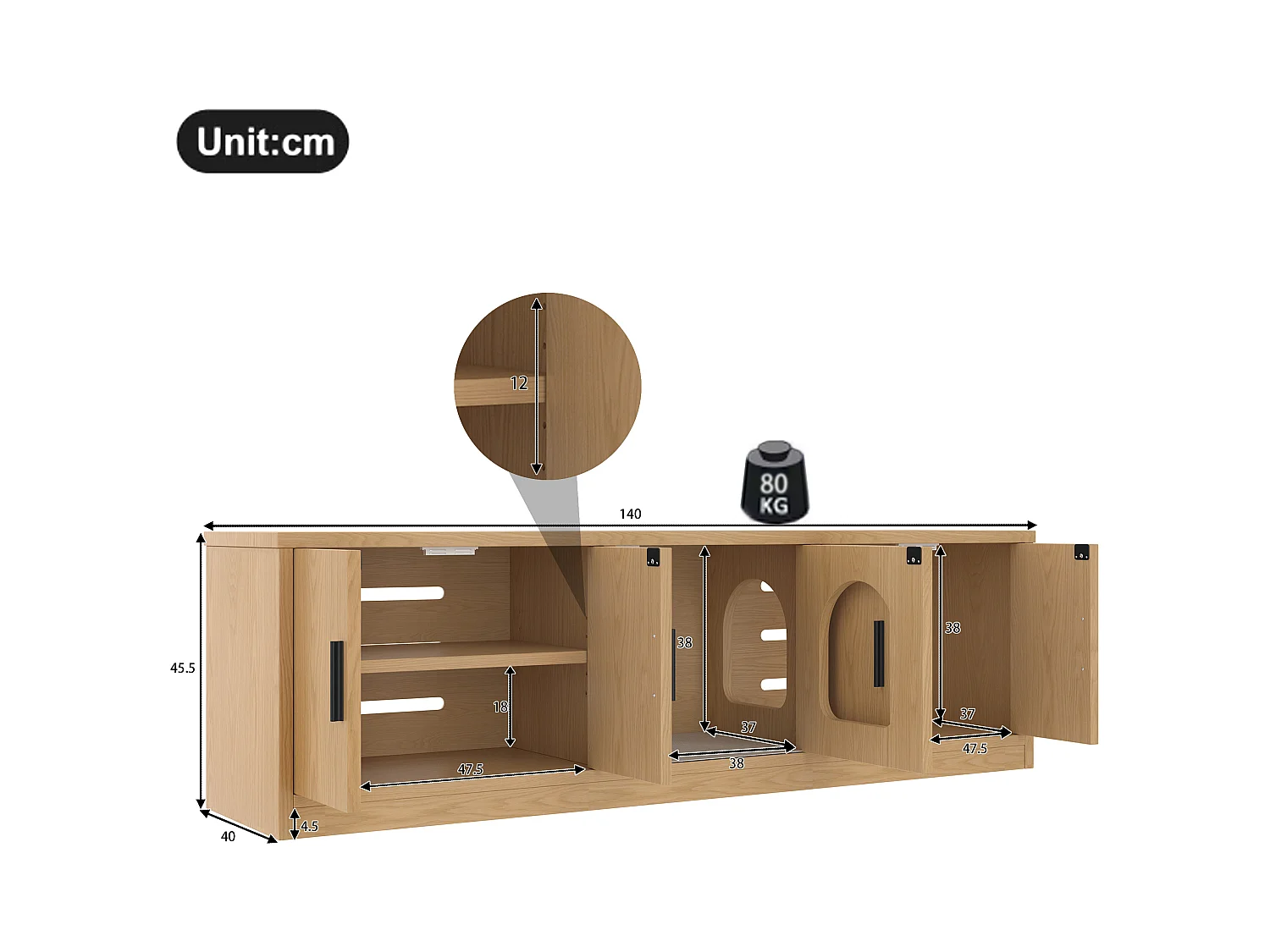 Versteckte Katzentoilette – 140 x 40 x 45,5 cm – Integrierter Kratzbaum und Belüftung – Spanplatte – Natur