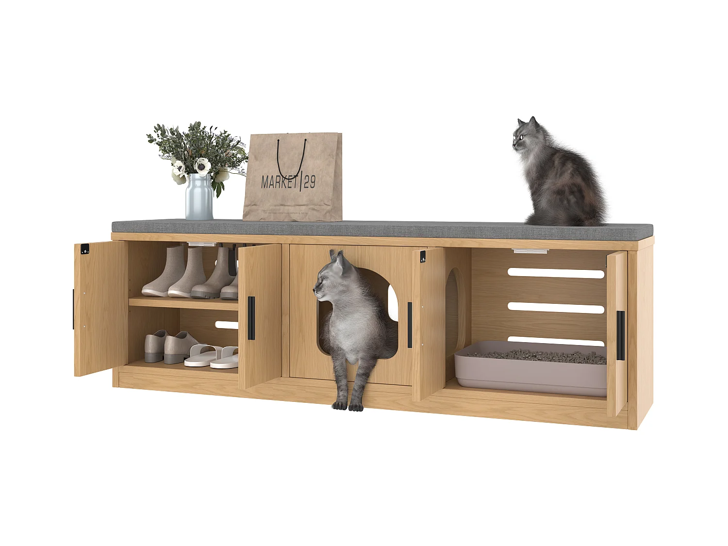 Versteckte Katzentoilette – 140 x 40 x 45,5 cm – Integrierter Kratzbaum und Belüftung – Spanplatte – Natur