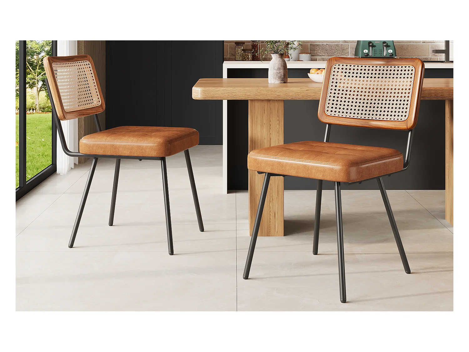 2er Set Kunstledersessel - Rattan Loungesessel - Retro Sessel - Metall + PU - Braun