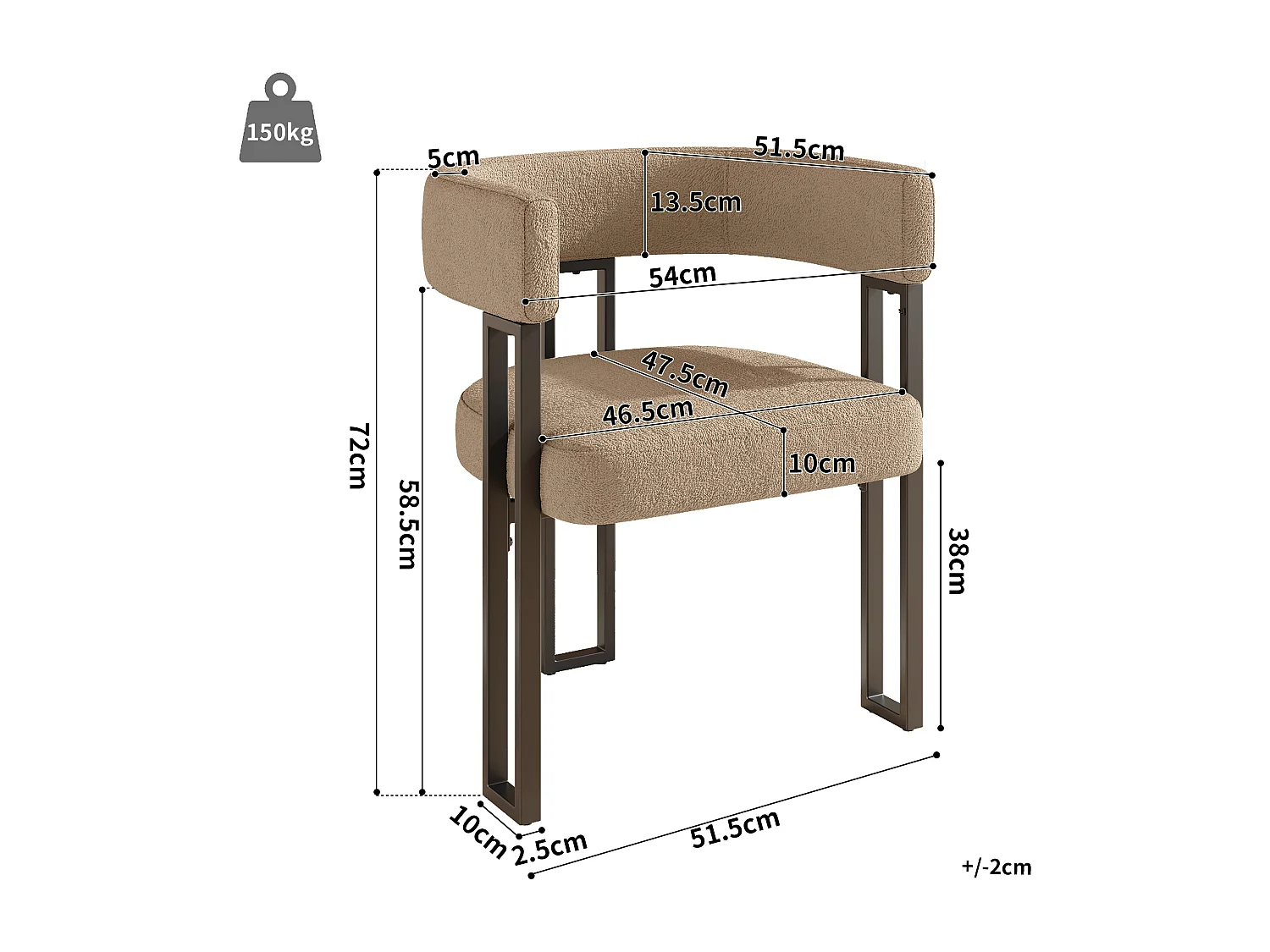 2er-Set Esszimmerstühle - 54 x 51,5 x 72 cm - geschwungene Rückenlehne - Stoff + Metall - braun