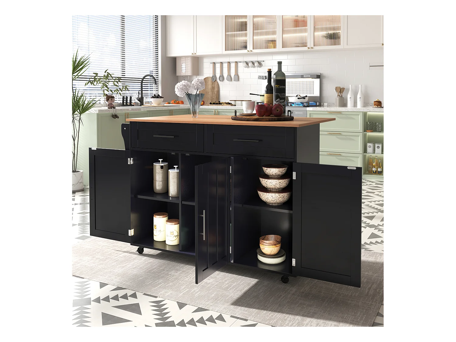 Îlot central à roulettes - 129 x 46/71 x 91.5 cm - plan pliable - avec 3 portes + 2 tiroirs - MDF - noir