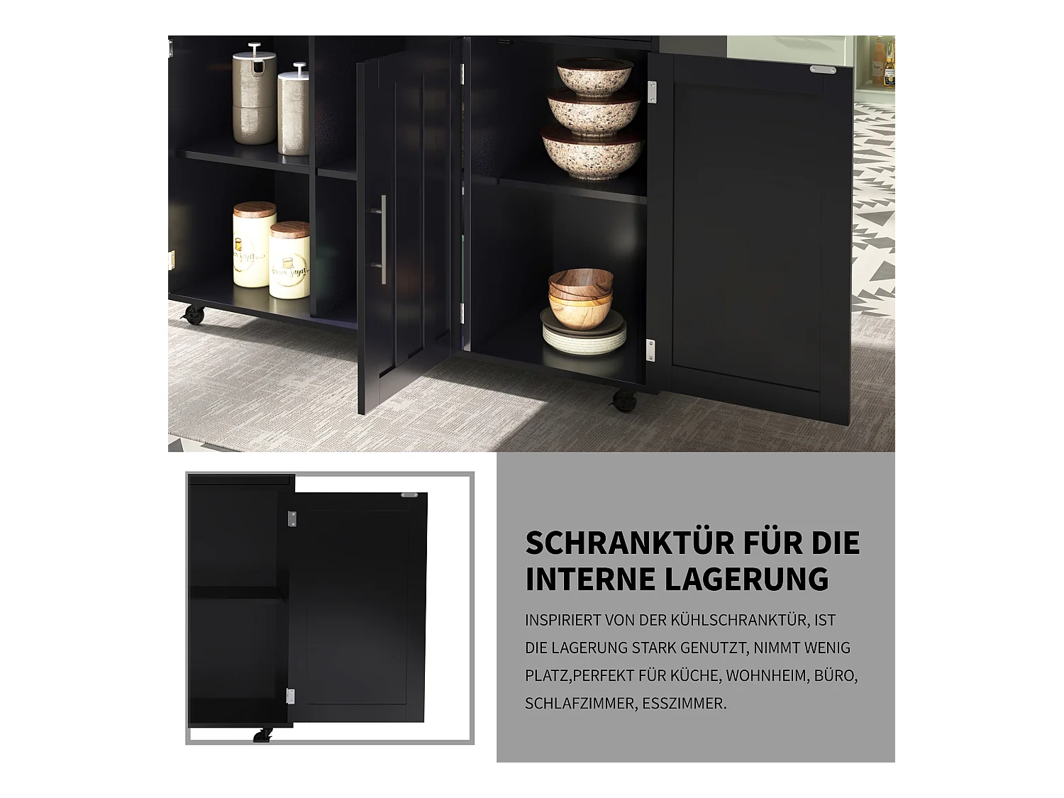 Îlot central à roulettes - 129 x 46/71 x 91.5 cm - plan pliable - avec 3 portes + 2 tiroirs - MDF - noir