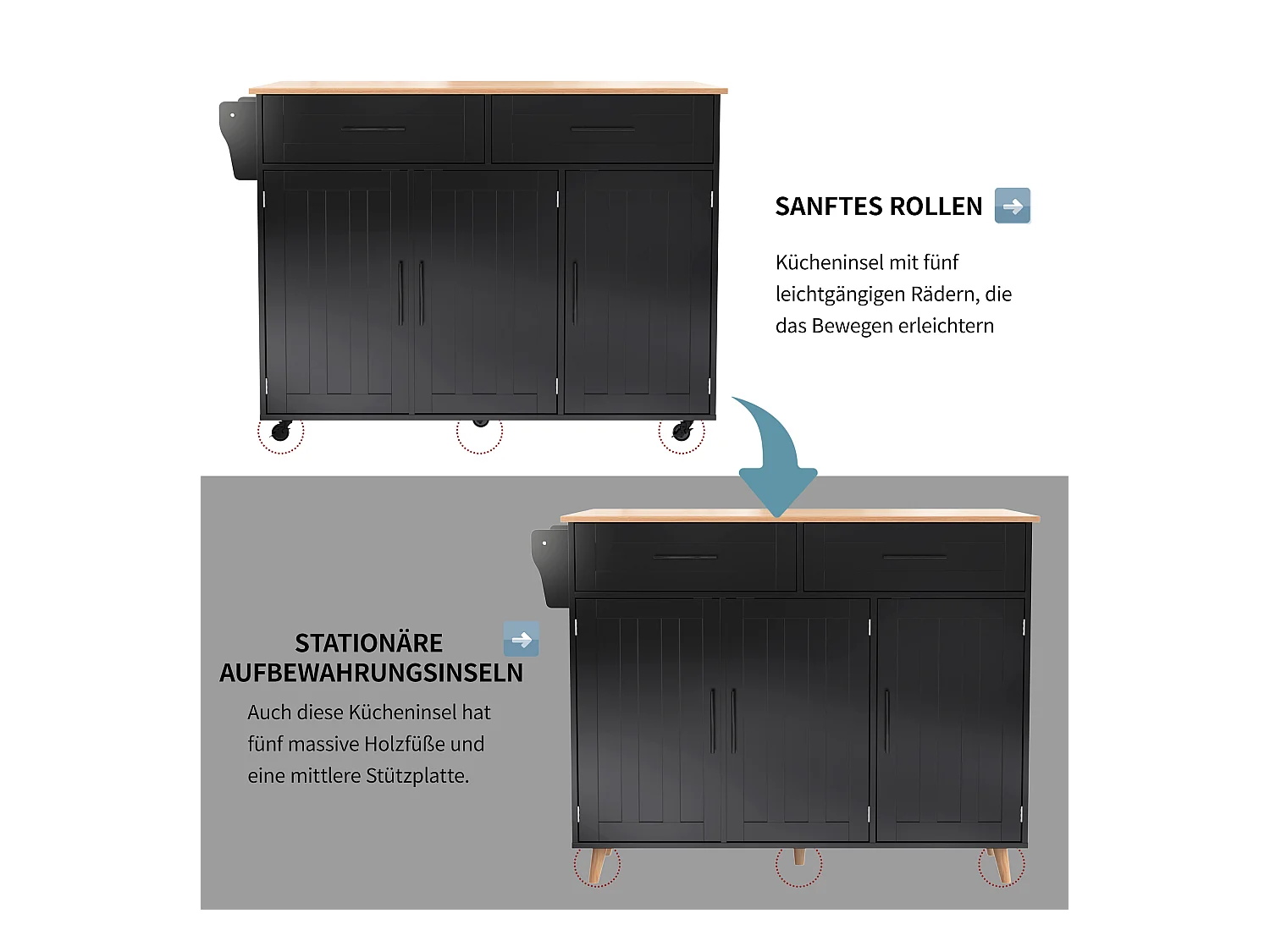 Îlot central à roulettes - 129 x 46/71 x 91.5 cm - plan pliable - avec 3 portes + 2 tiroirs - MDF - noir