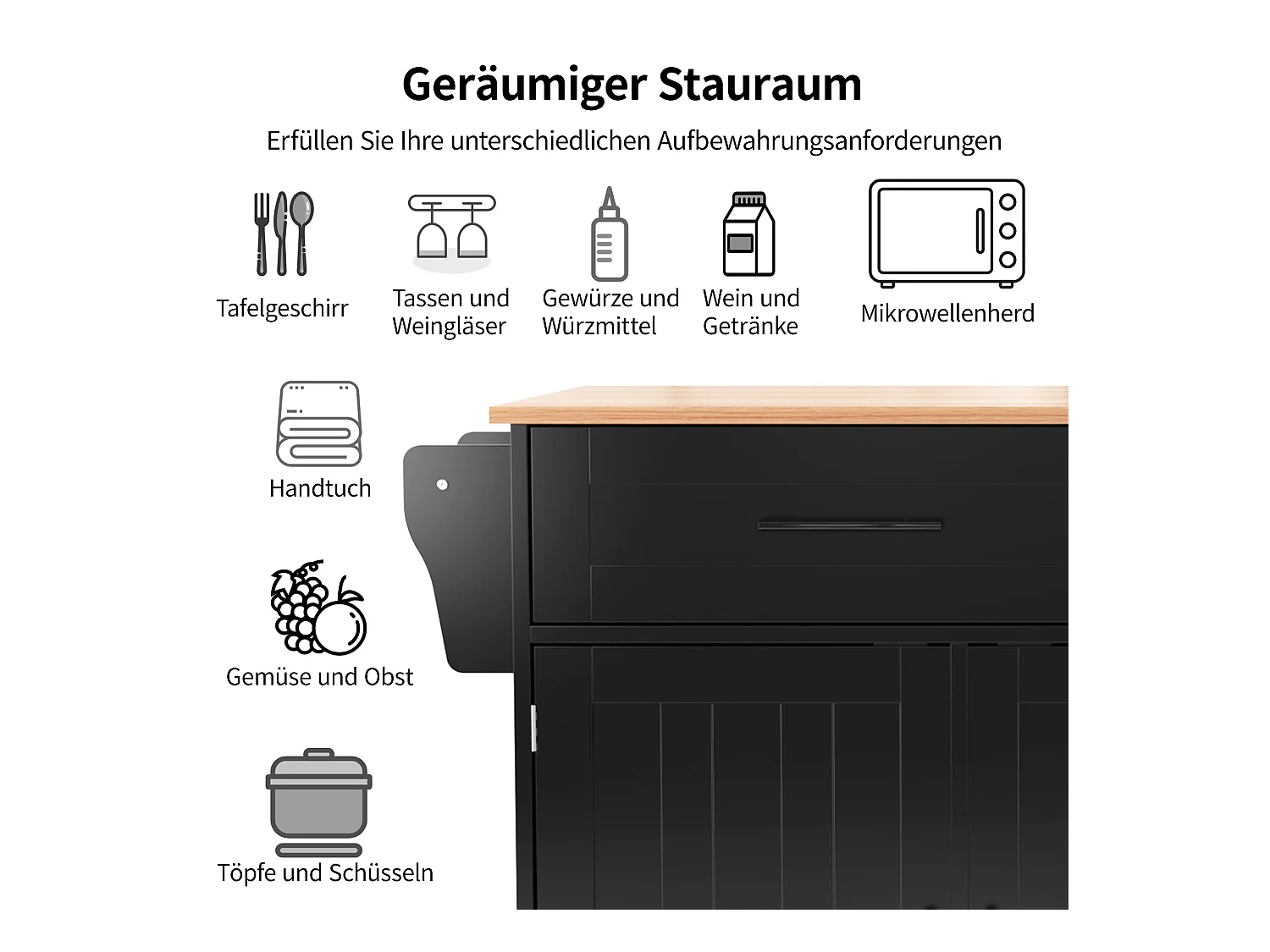 Îlot central à roulettes - 129 x 46/71 x 91.5 cm - plan pliable - avec 3 portes + 2 tiroirs - MDF - noir