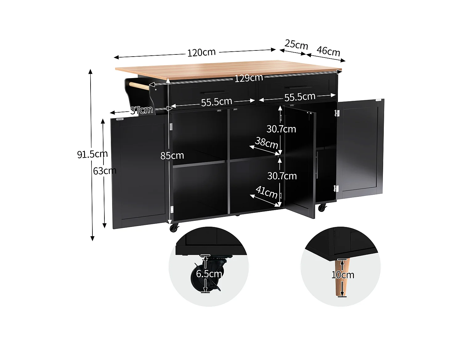 Îlot central à roulettes - 129 x 46/71 x 91.5 cm - plan pliable - avec 3 portes + 2 tiroirs - MDF - noir