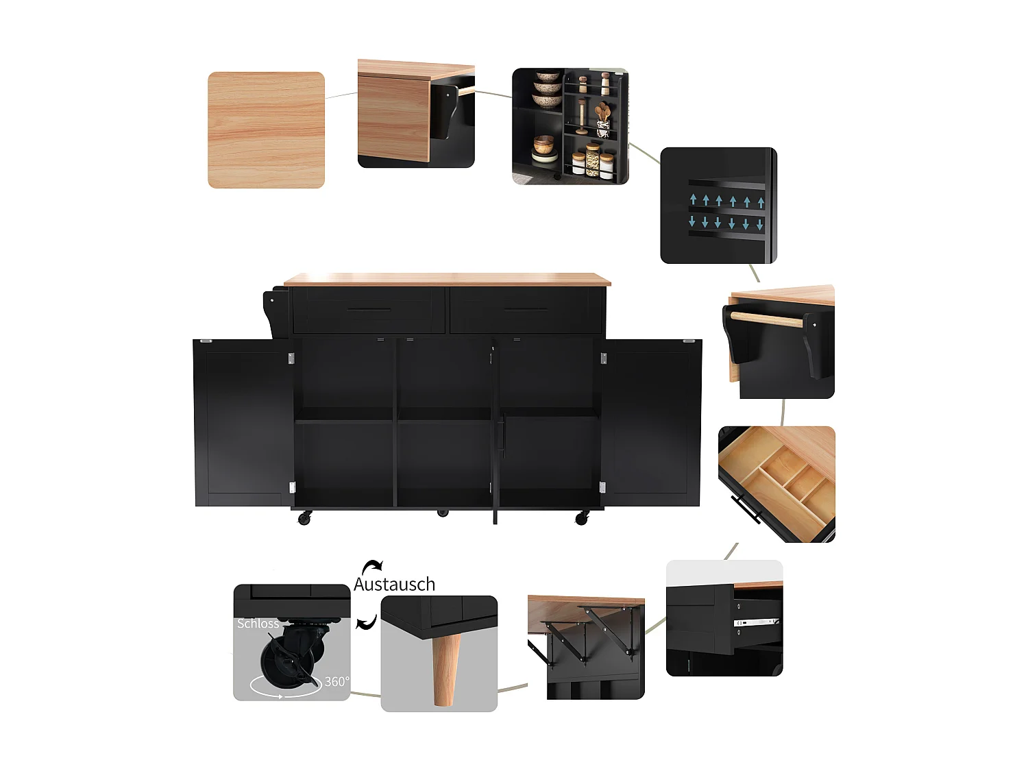 Mittelinsel auf Rollen - 129 x 46/71 x 91,5 cm - Klappdeckel - mit 3 Türen + 2 Schubladen - MDF - schwarz