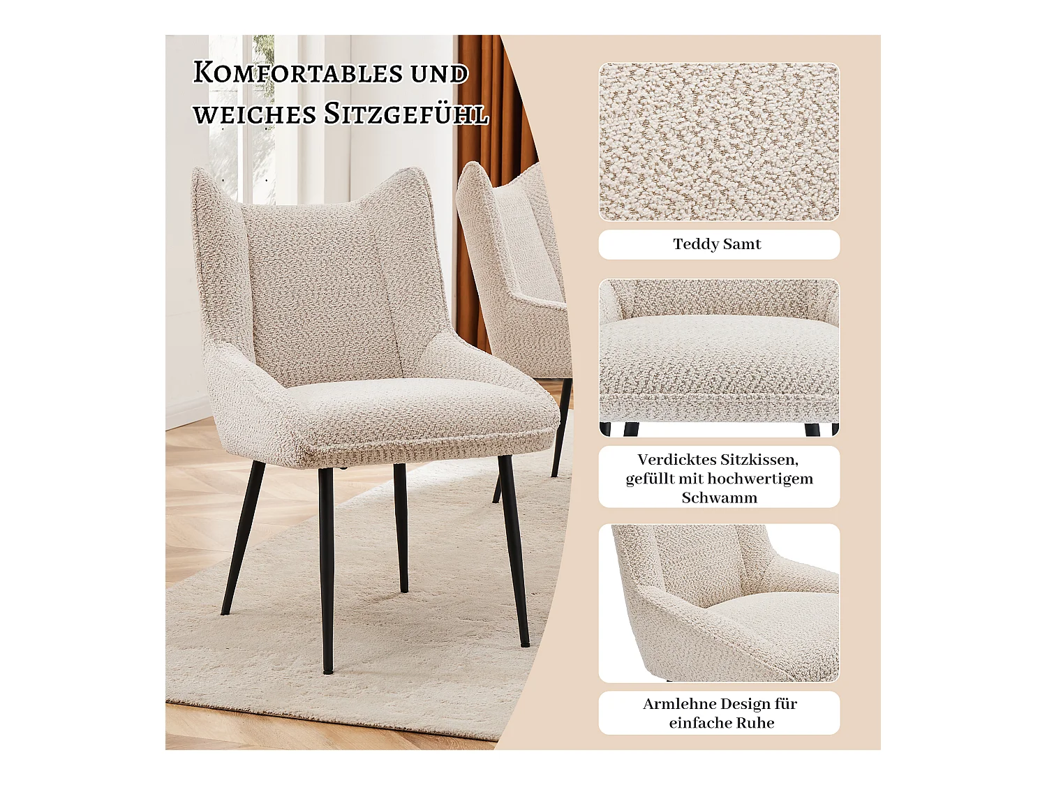6er Set Sofasessel - 50 x 64,5 x 85,5 cm - Dickes Sitzkissen - Samt - Beige