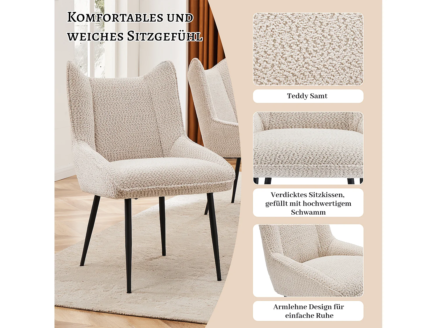 Lot de 6 chaises de canapé - 50 x 64.5 x 85.5 cm - coussin d'assise épais - velours - beige