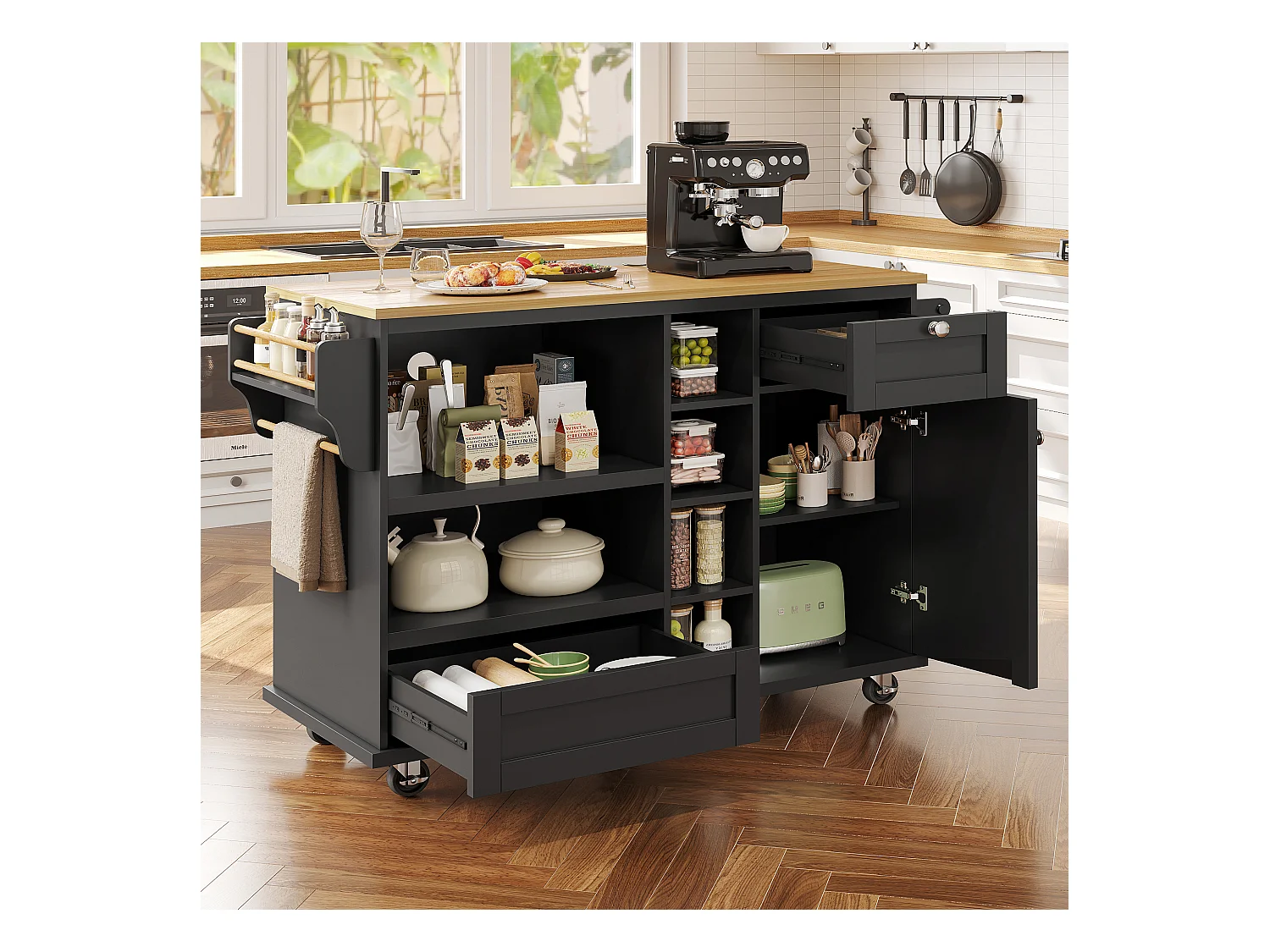 Îlot central à roulettes - 129 x 46 x 92 cm - avec 1 porte + 2 tiroirs - MDF - noir