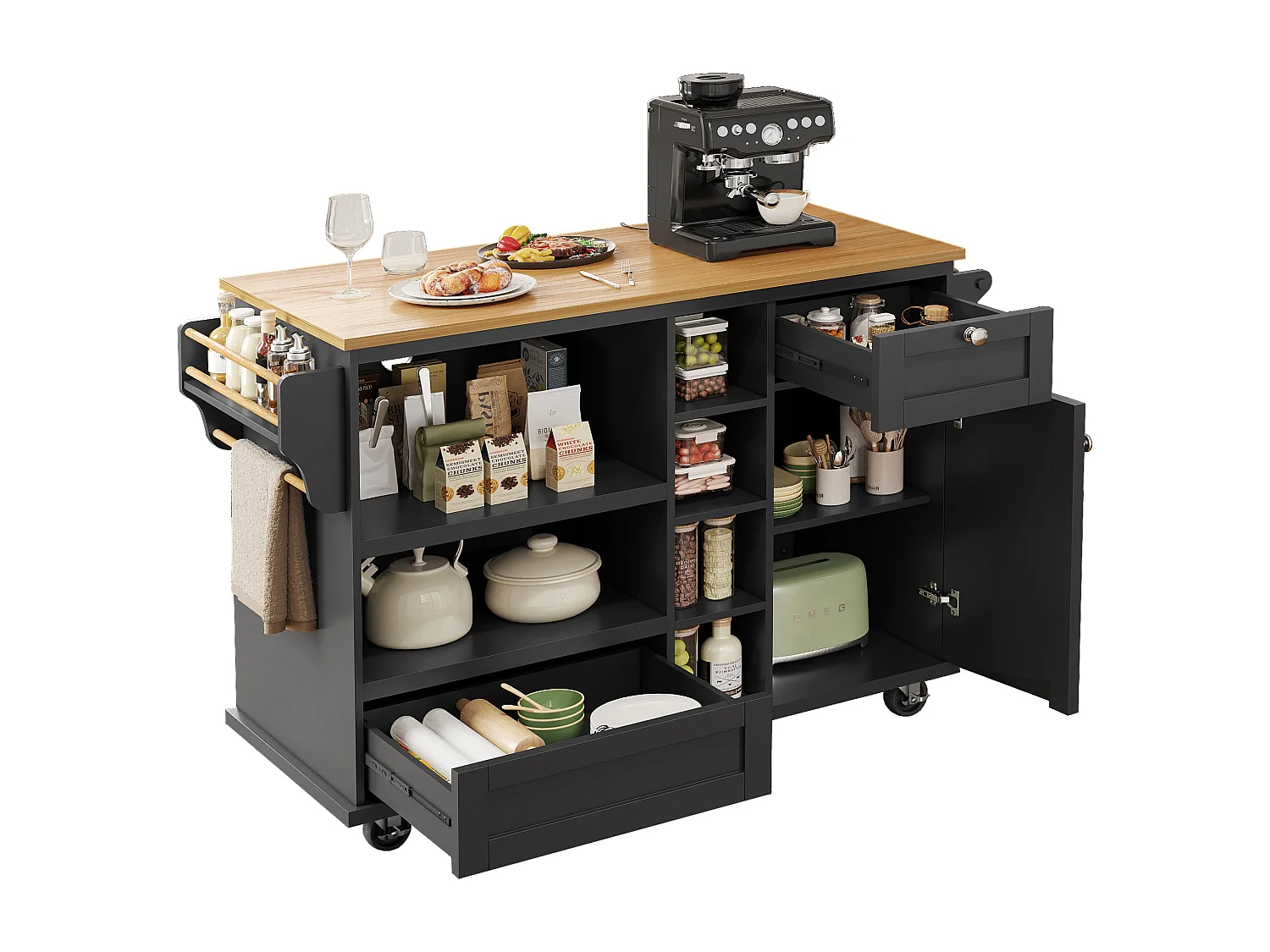 Îlot central à roulettes - 129 x 46 x 92 cm - avec 1 porte + 2 tiroirs - MDF - noir