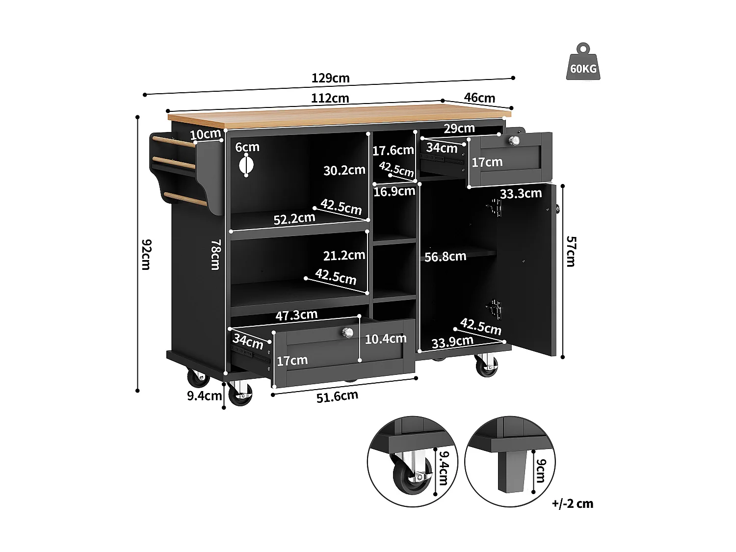 Îlot central à roulettes - 129 x 46 x 92 cm - avec 1 porte + 2 tiroirs - MDF - noir