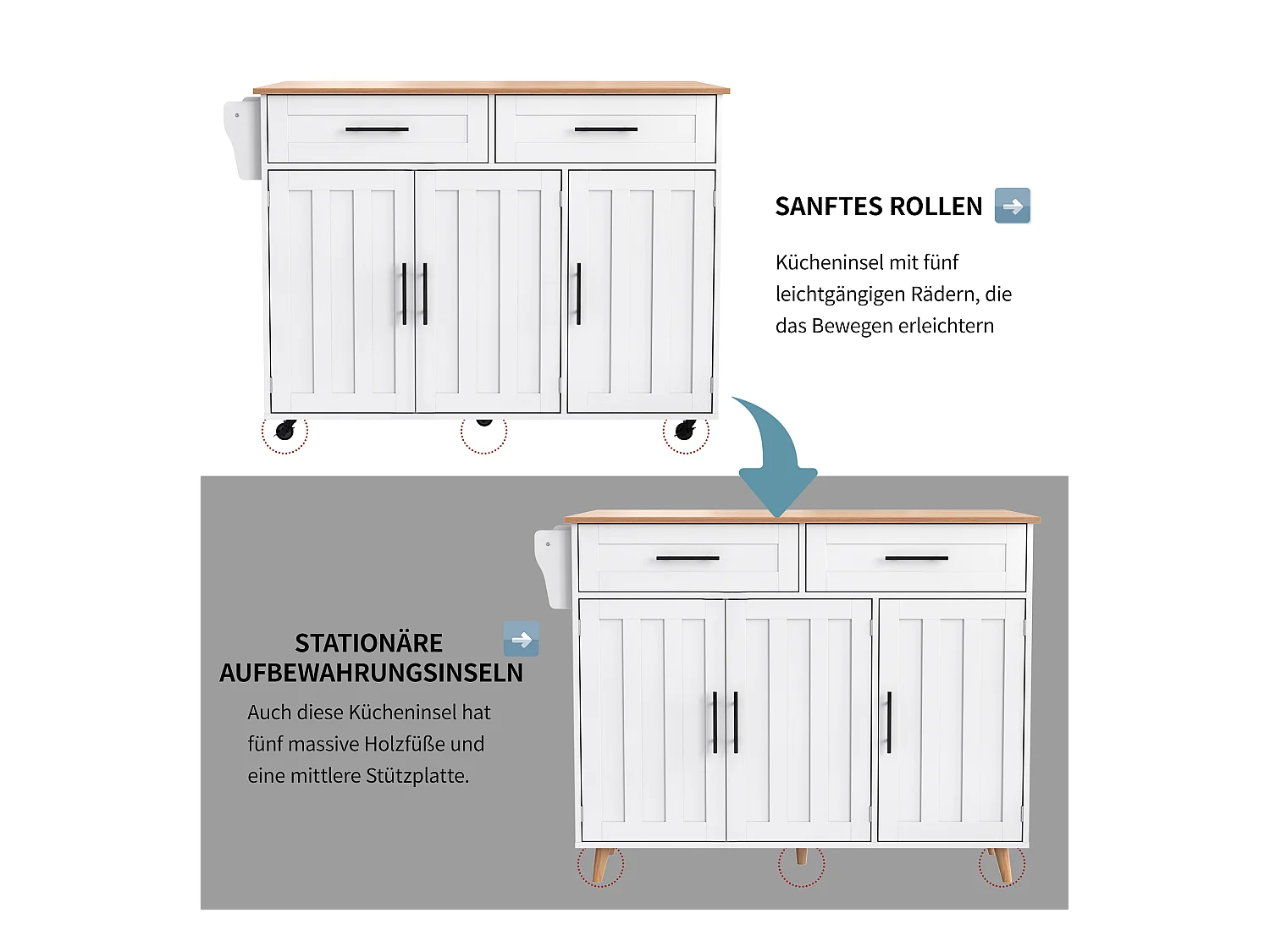 Îlot central à roulettes - 129 x 46/71 x 91.5 cm - plan pliable - avec 3 portes + 2 tiroirs - MDF - blanc