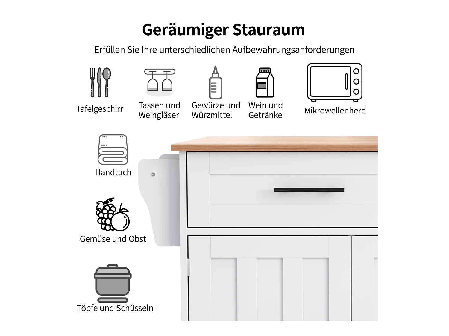 Îlot central à roulettes - 129 x 46/71 x 91.5 cm - plan pliable - avec 3 portes + 2 tiroirs - MDF - blanc