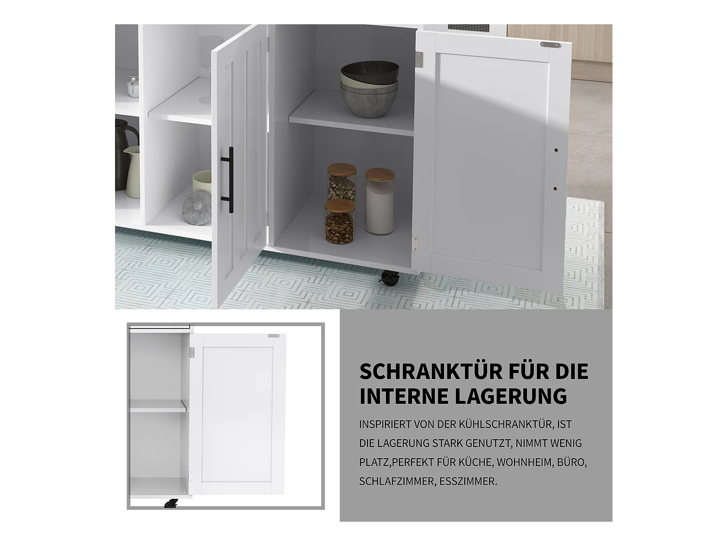 Îlot central à roulettes - 129 x 46/71 x 91.5 cm - plan pliable - avec 3 portes + 2 tiroirs - MDF - blanc