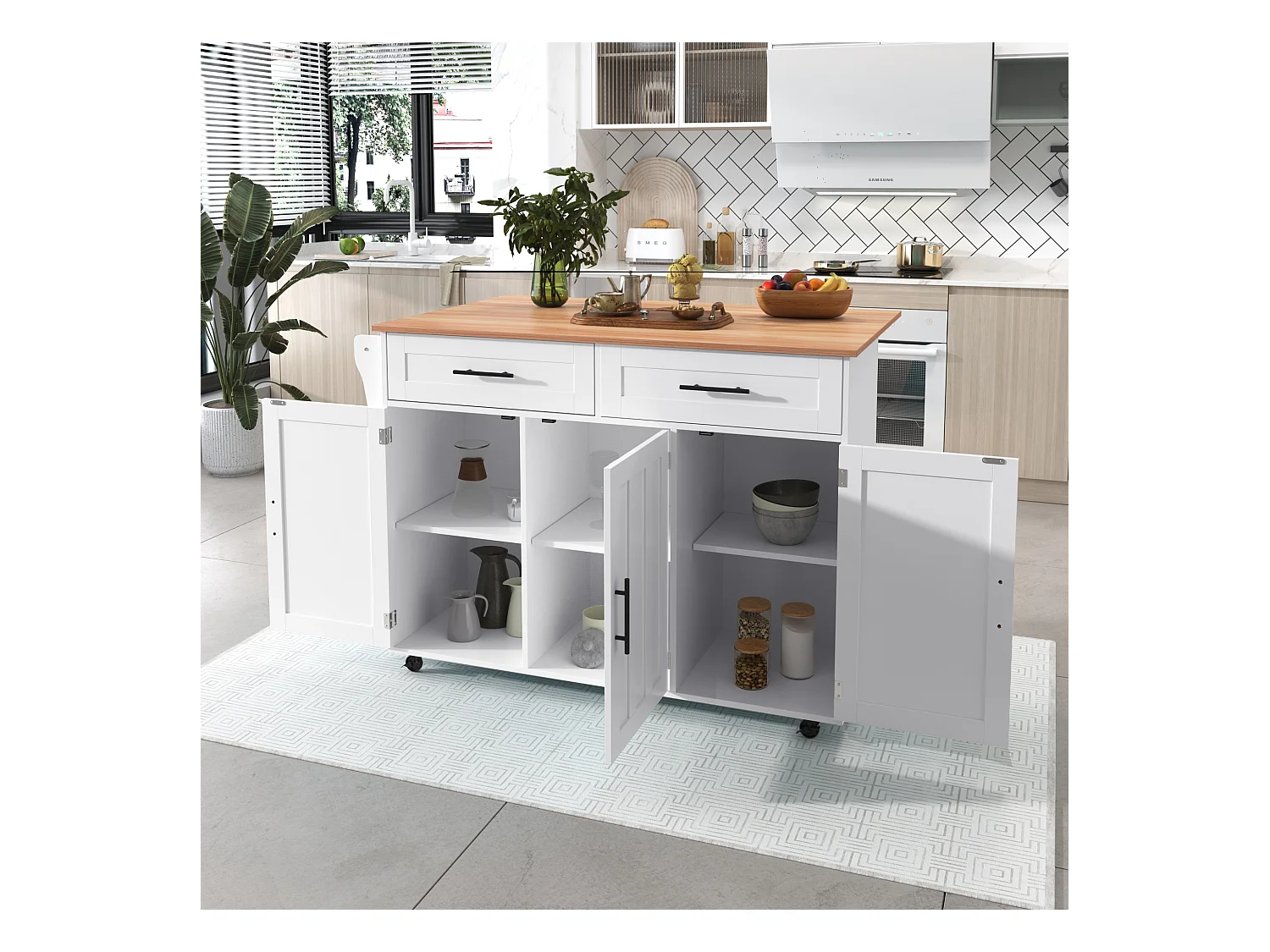 Îlot central à roulettes - 129 x 46/71 x 91.5 cm - plan pliable - avec 3 portes + 2 tiroirs - MDF - blanc