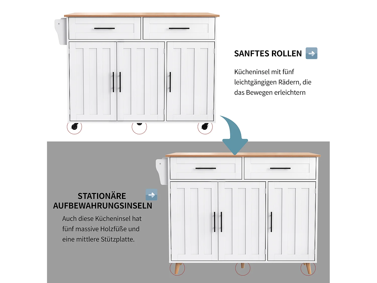 Îlot central à roulettes - 129 x 46/71 x 91.5 cm - plan pliable - avec 3 portes + 2 tiroirs - MDF - blanc