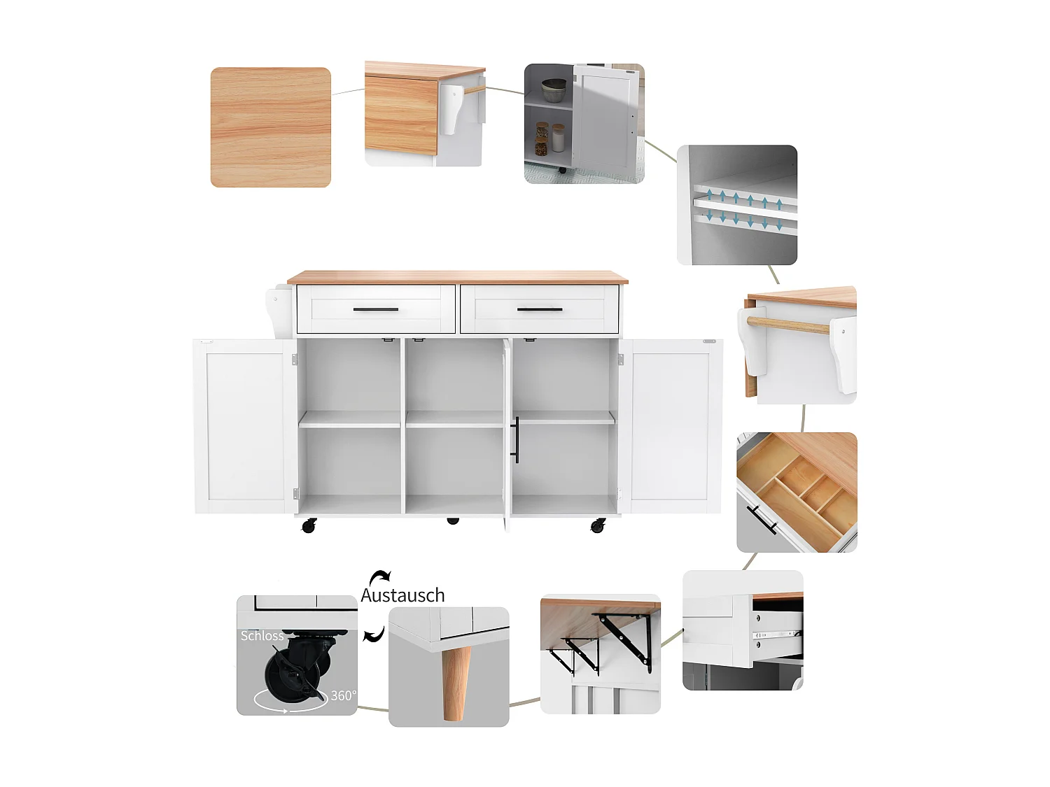 Îlot central à roulettes - 129 x 46/71 x 91.5 cm - plan pliable - avec 3 portes + 2 tiroirs - MDF - blanc