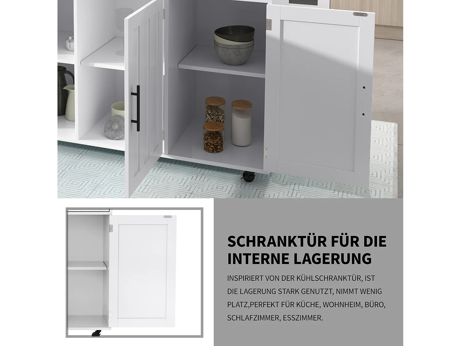 Îlot central à roulettes - 129 x 46/71 x 91.5 cm - plan pliable - avec 3 portes + 2 tiroirs - MDF - blanc