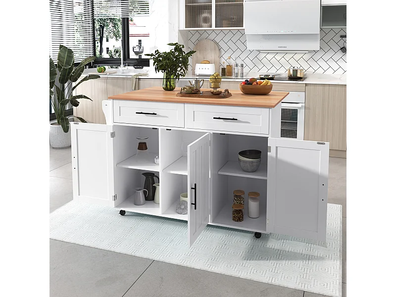 Îlot central à roulettes - 129 x 46/71 x 91.5 cm - plan pliable - avec 3 portes + 2 tiroirs - MDF - blanc