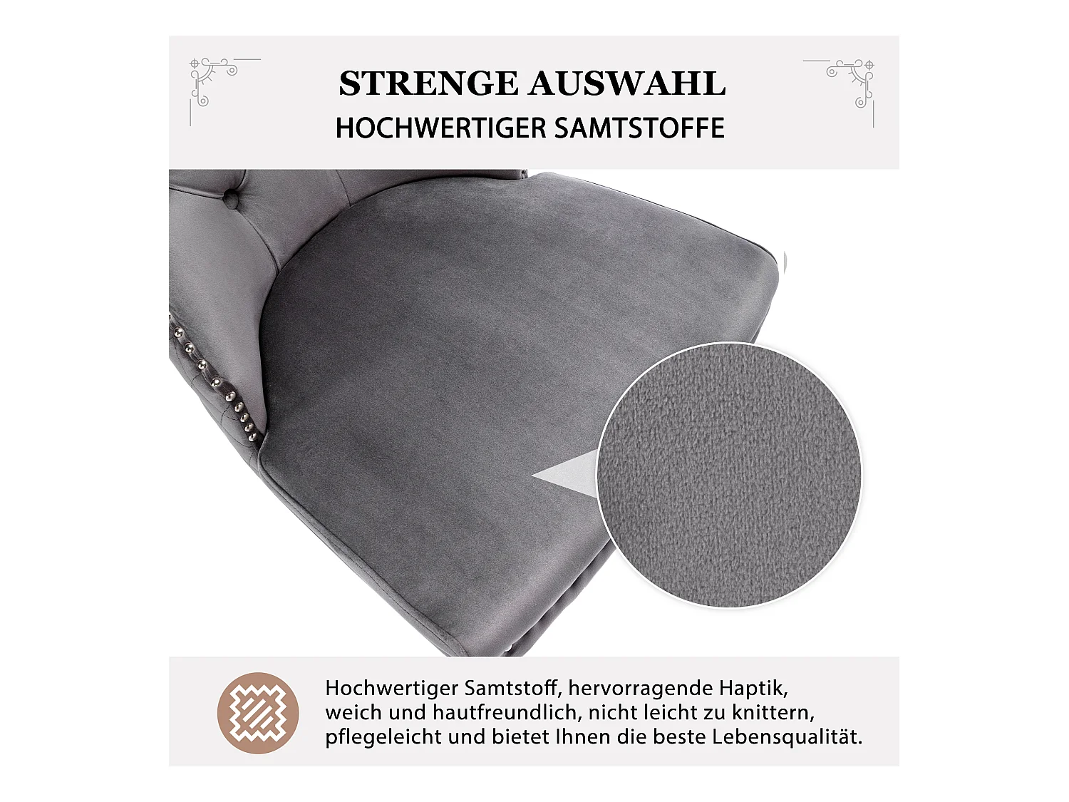 2er Set Esszimmerstühle - 53 x 62,5 x 94,5 cm - Polsterstuhl - Metallbeine - Samt - Grau