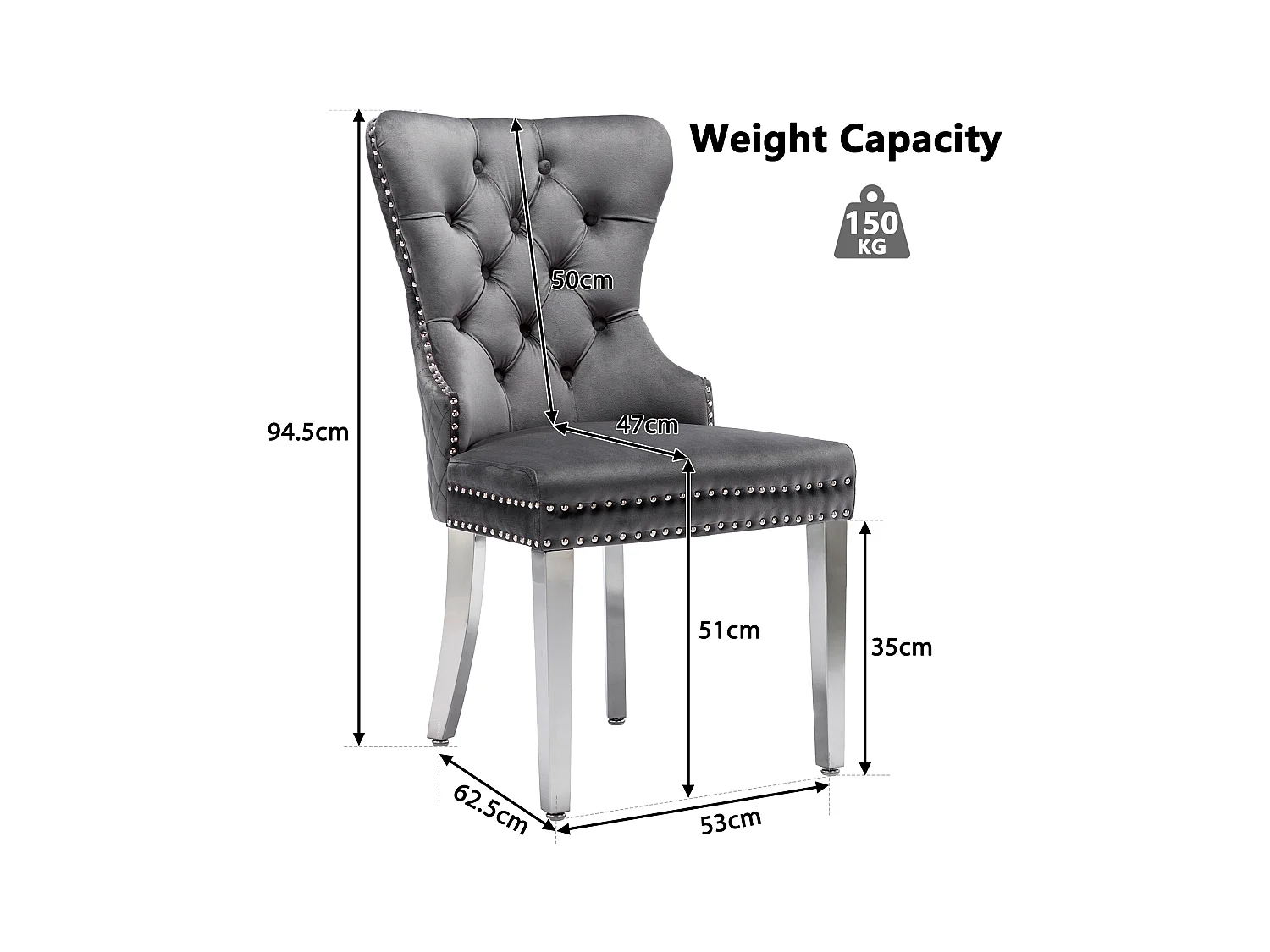 Conjunto de 2 cadeiras de jantar - 53 x 62,5 x 94,5 cm - cadeira estofada - pernas de metal - veludo - cinza