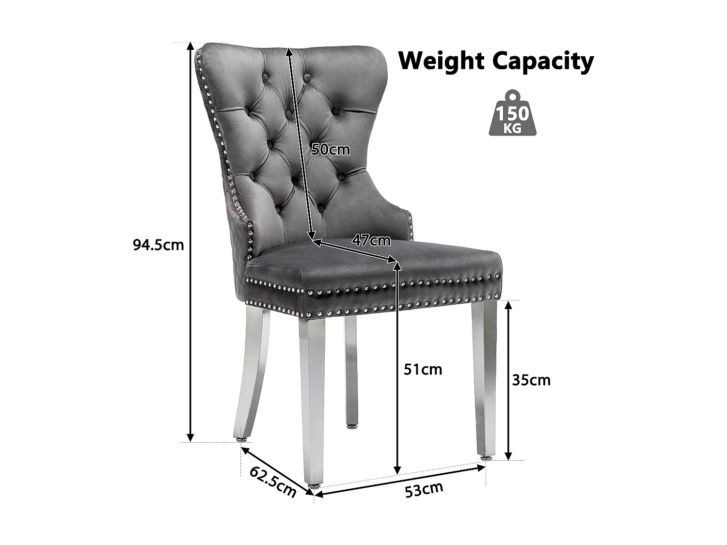Lot de 2 chaises de salle à manger - 53 x 62.5 x 94.5 cm - chaise rembourrée - pieds en métal - velours - gris