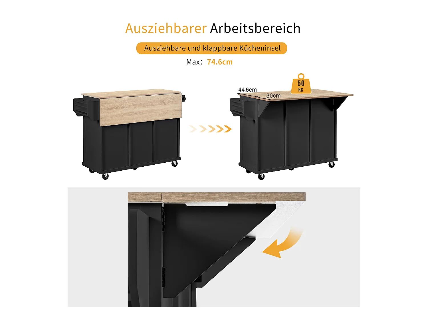 Wyspa centralna na kółkach - 126 x 44/74 x 94 cm - blat składany - z 3 drzwiami + 3 szufladami - MDF - czarny