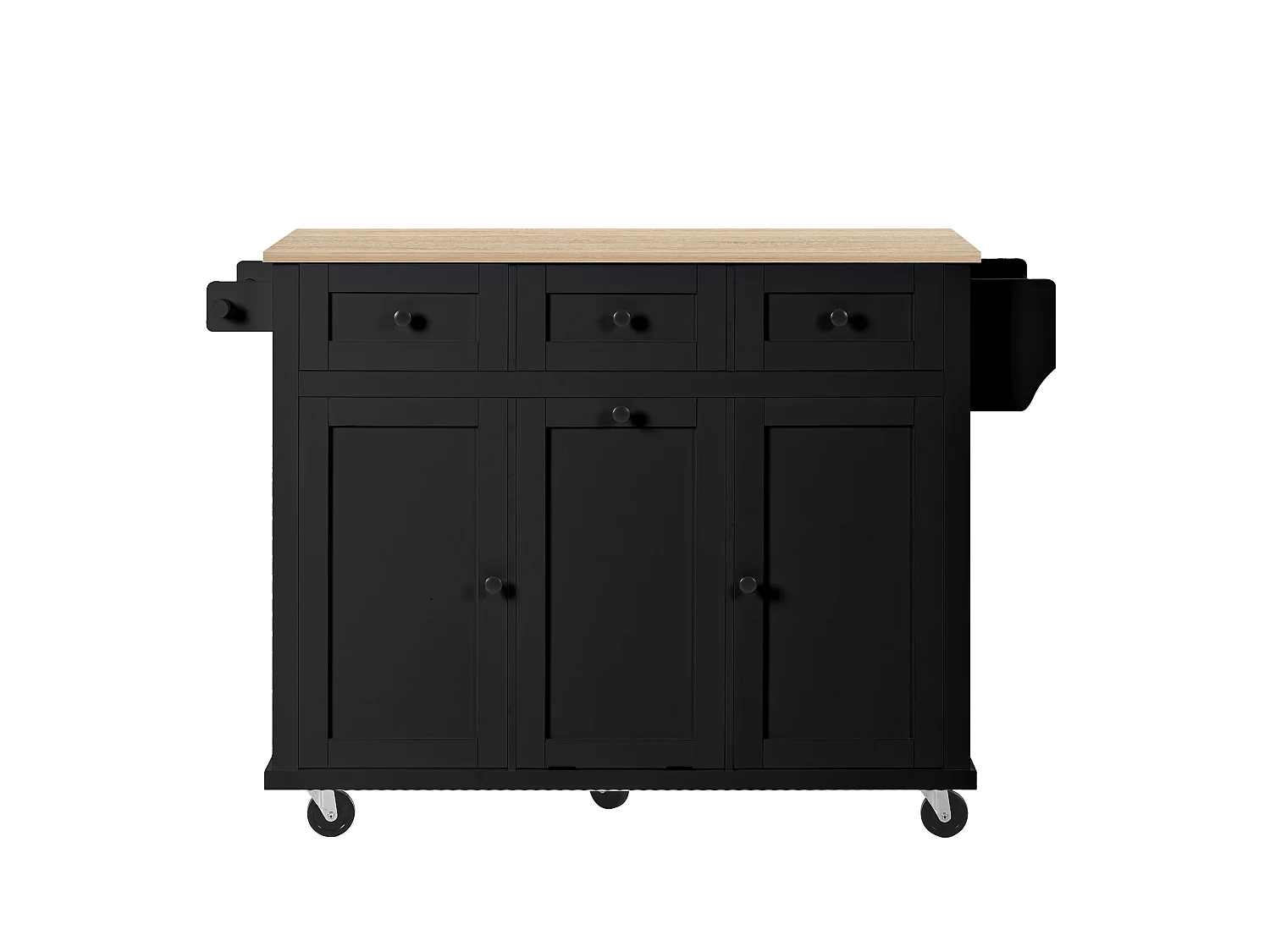 Îlot central à roulettes - 112 x 46.2/76.7 x 92.7 cm - plan pliable - avec 3 portes + 3 tiroirs - MDF - noir