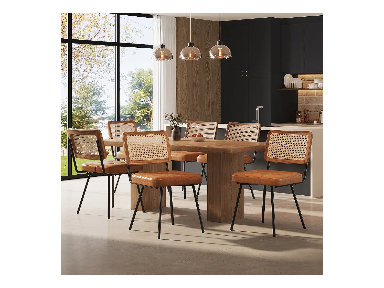 Conjunto de 6 cadeiras de couro sintético - Poltrona de vime - Cadeira retrô - Metal + PU - Marrom