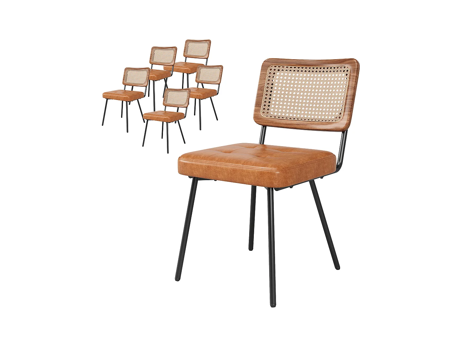 Conjunto de 6 cadeiras de couro sintético - Poltrona de vime - Cadeira retrô - Metal + PU - Marrom