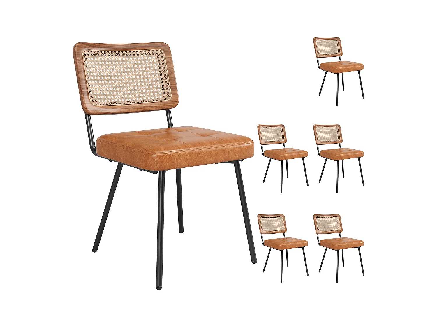 Conjunto de 6 cadeiras de couro sintético - Poltrona de vime - Cadeira retrô - Metal + PU - Marrom