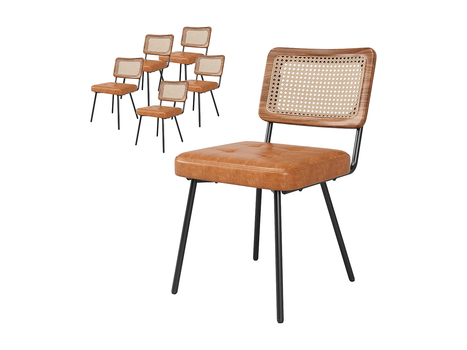 Lot de 6 chaises en similicuir - chaise longue en rotin - chaise rétro - Métal + PU - marron