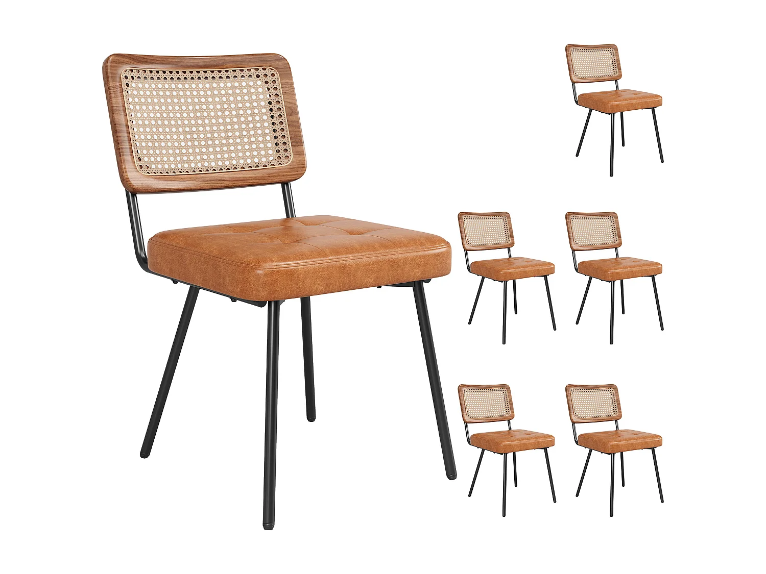 Lot de 6 chaises en similicuir - chaise longue en rotin - chaise rétro - Métal + PU - marron