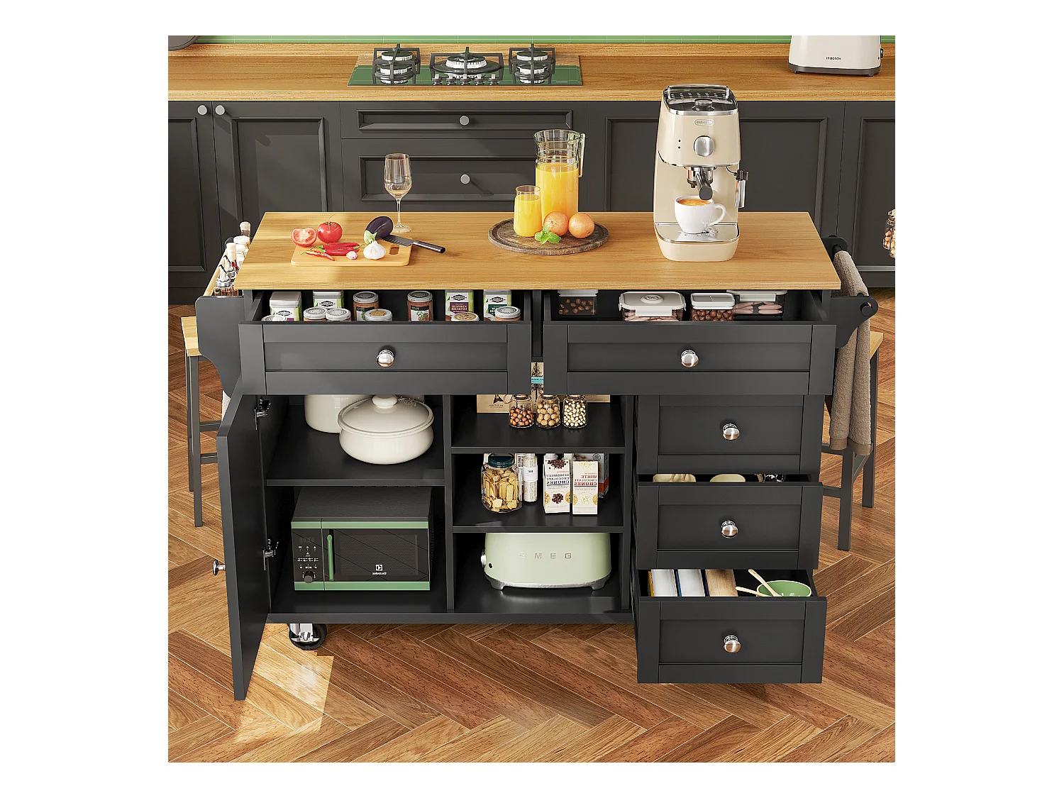 Îlot central à roulettes - 134 x 46 x 92 cm - mobile et fixe - avec 1 portes + 5 tiroirs - MDF - noir