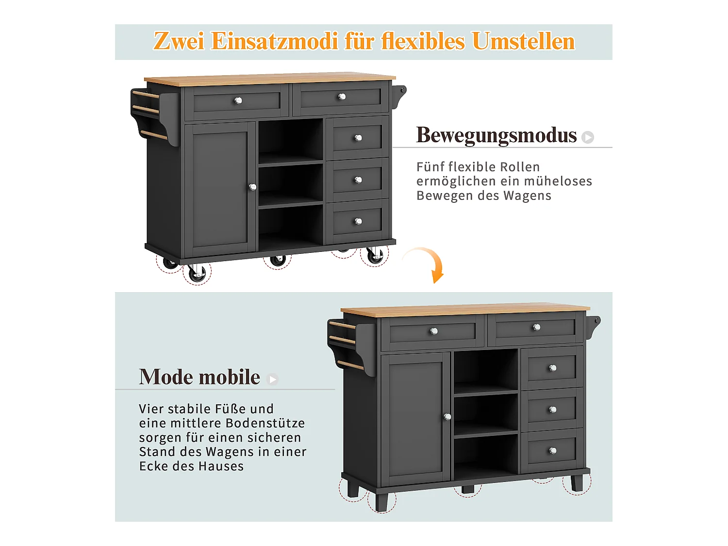 Îlot central à roulettes - 134 x 46 x 92 cm - mobile et fixe - avec 1 portes + 5 tiroirs - MDF - noir