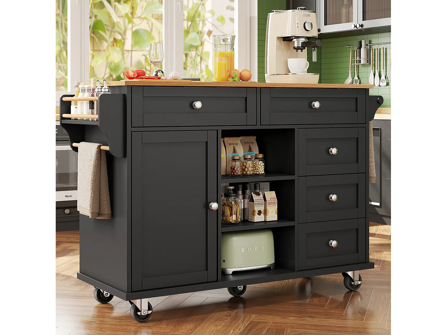 Mittelinsel auf Rollen - 134 x 46 x 92 cm - mobil und feststehend - mit 1 Tür + 5 Schubladen - MDF - schwarz