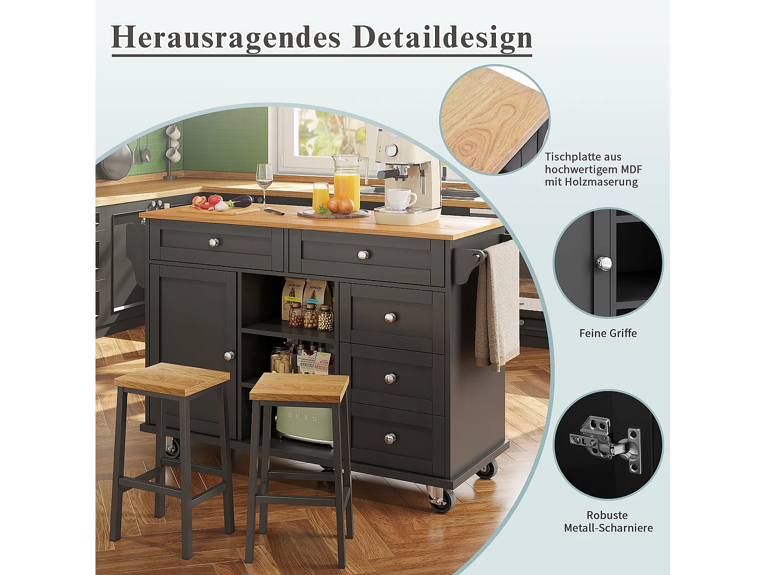 Mittelinsel auf Rollen - 134 x 46 x 92 cm - mobil und feststehend - mit 1 Tür + 5 Schubladen - MDF - schwarz