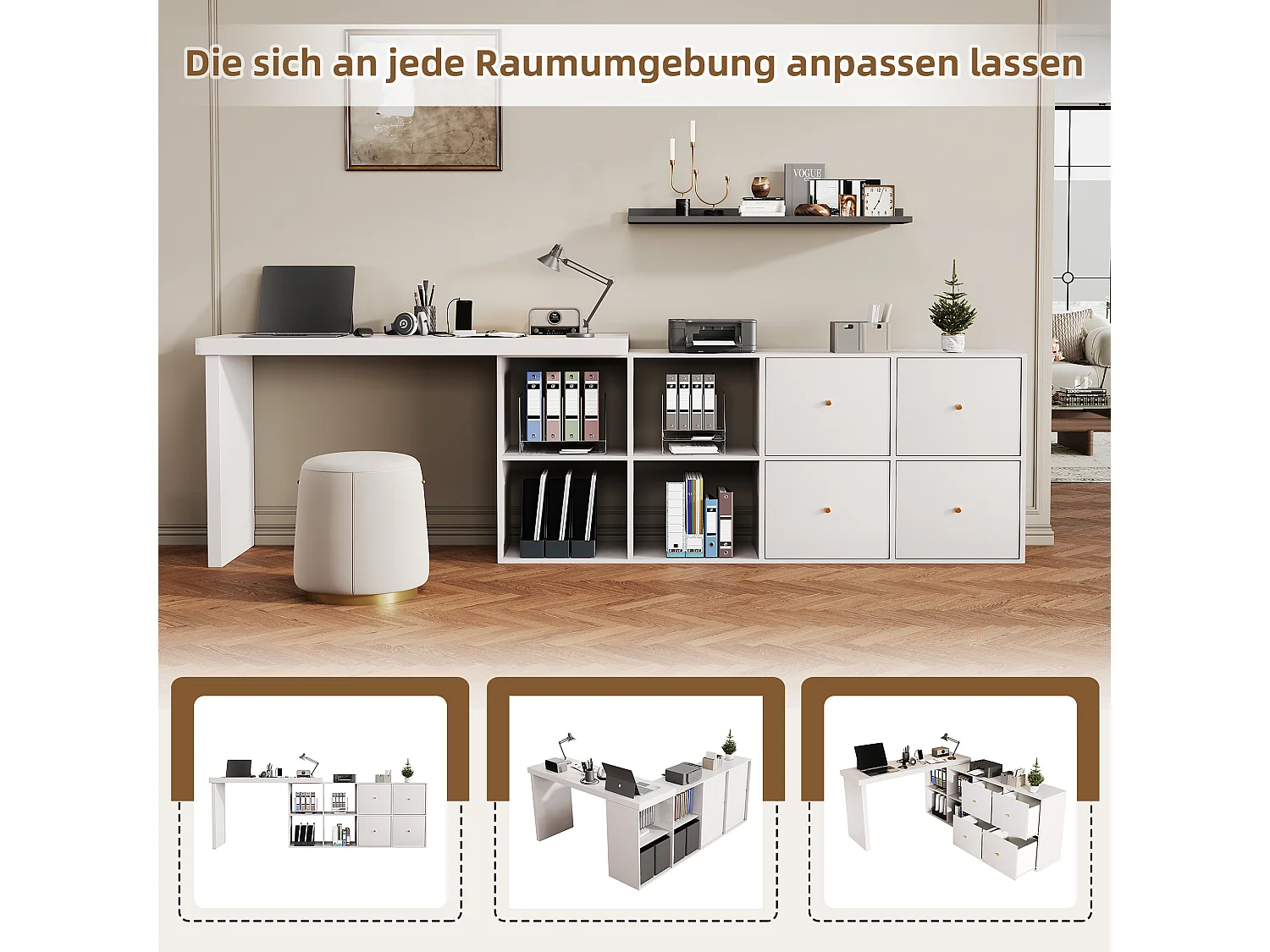 360° drehbarer Schreibtisch – 140 x 120 x 78 cm – L-förmig oder hochkant – mit 4 Schubladen – MDF – weiß
