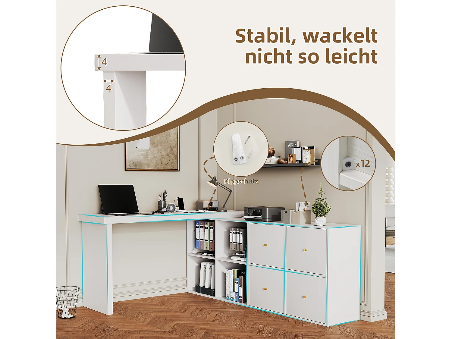 360° drehbarer Schreibtisch – 140 x 120 x 78 cm – L-förmig oder hochkant – mit 4 Schubladen – MDF – weiß
