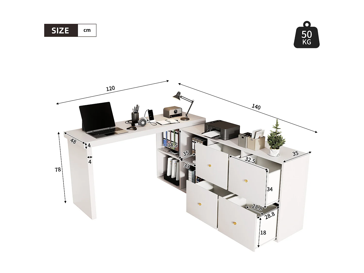 360° drehbarer Schreibtisch – 140 x 120 x 78 cm – L-förmig oder hochkant – mit 4 Schubladen – MDF – weiß