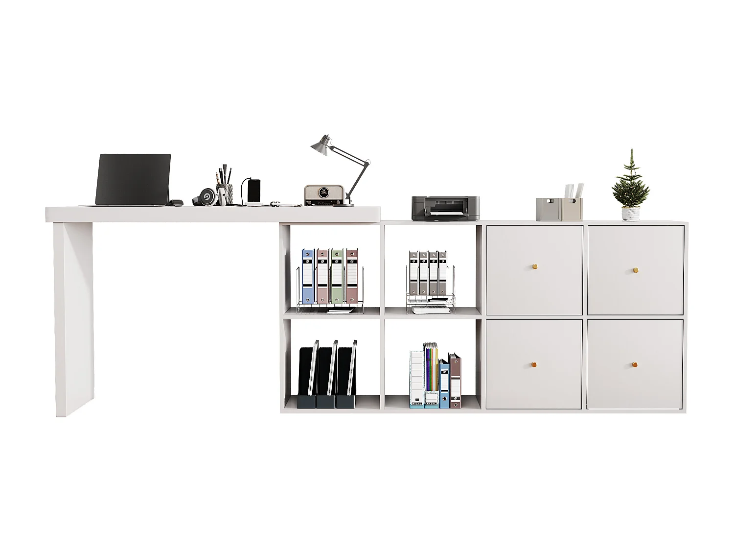 360° drehbarer Schreibtisch – 140 x 120 x 78 cm – L-förmig oder hochkant – mit 4 Schubladen – MDF – weiß