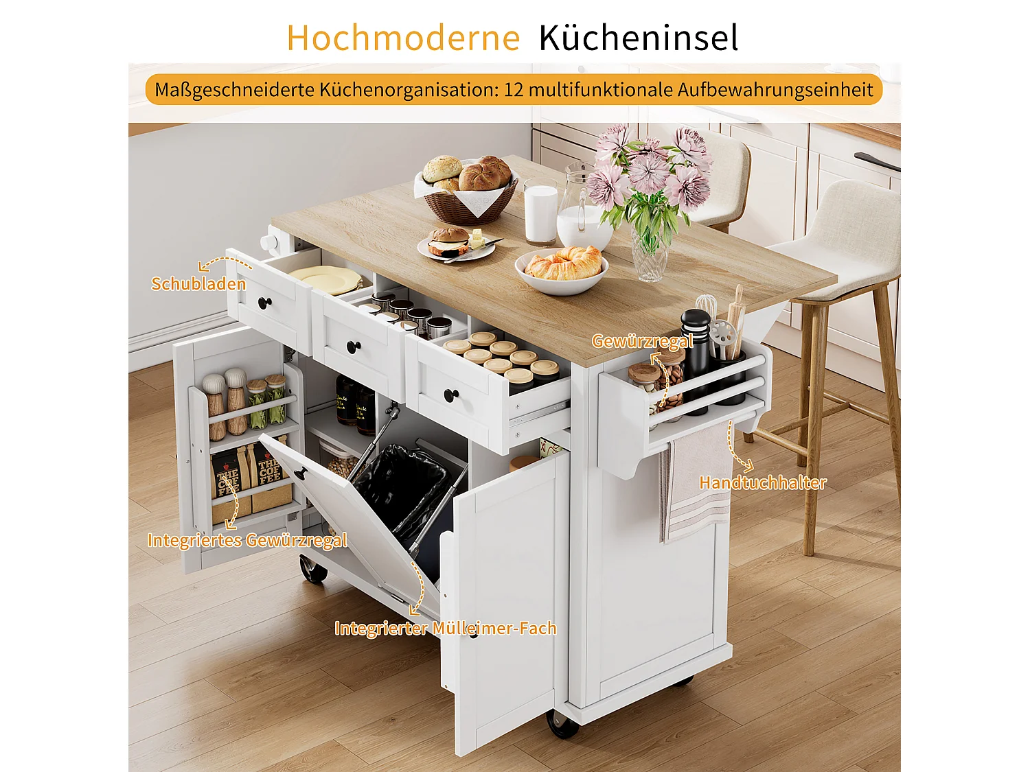 Kücheninsel auf Rollen - 126 x 44/74 x 94 cm - Klappdeckel - mit 3 Türen + 3 Schubladen - MDF - weiß