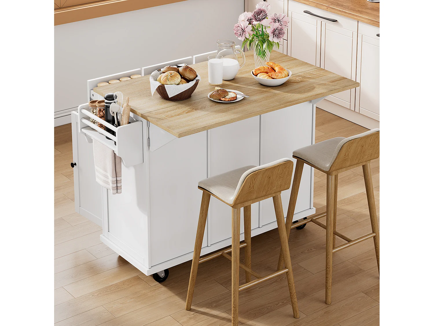Îlot central à roulettes - 112 x 46.2/76.2 x 92.7 cm - plan pliable - avec 3 portes + 3 tiroirs - MDF - blanc