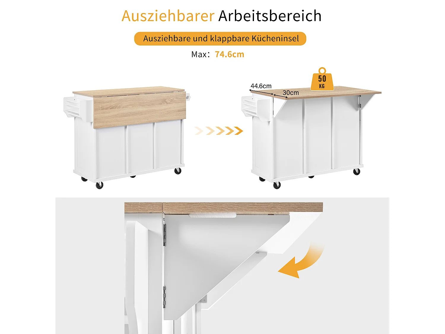 Îlot central à roulettes - 112 x 46.2/76.2 x 92.7 cm - plan pliable - avec 3 portes + 3 tiroirs - MDF - blanc