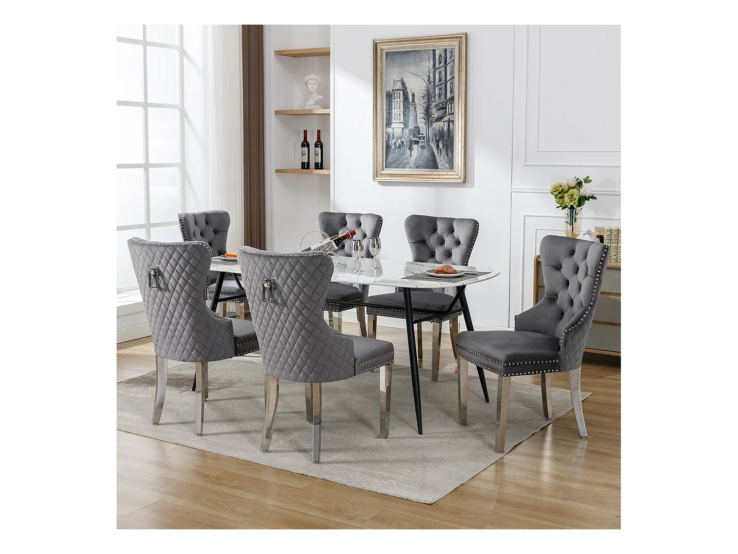 Lot de 6 chaises de salle à manger - 53 x 62.5 x 94.5 cm - chaise rembourrée - pieds en métal - velours - gris