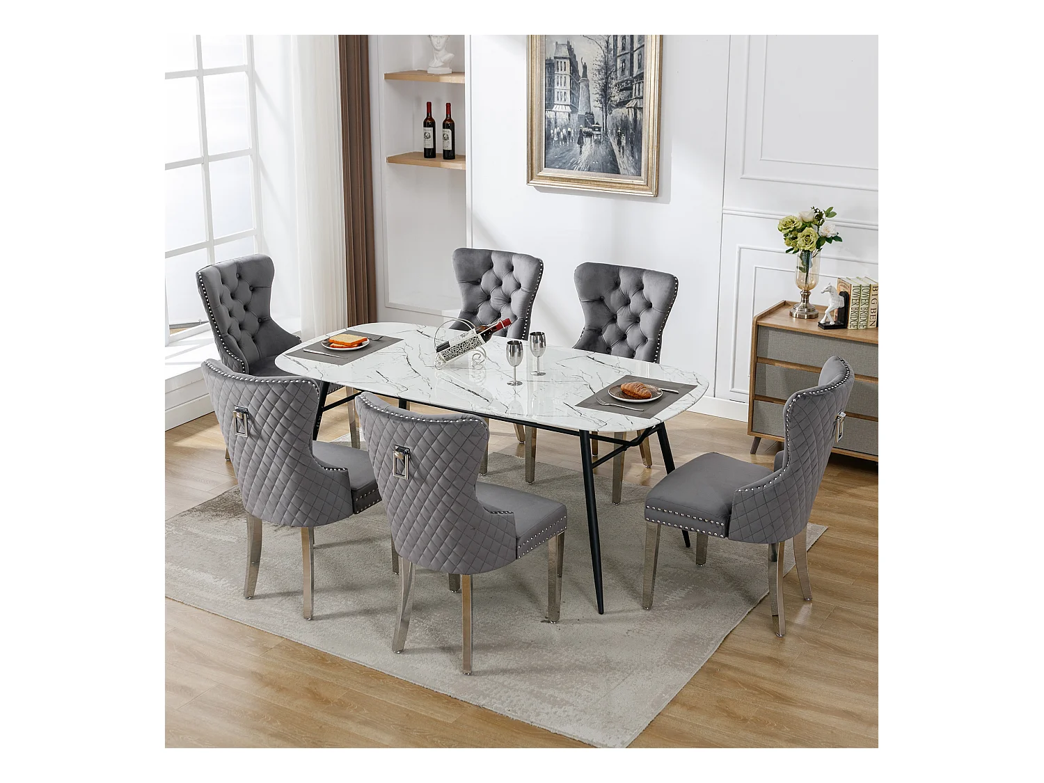 Lot de 6 chaises de salle à manger - 53 x 62.5 x 94.5 cm - chaise rembourrée - pieds en métal - velours - gris