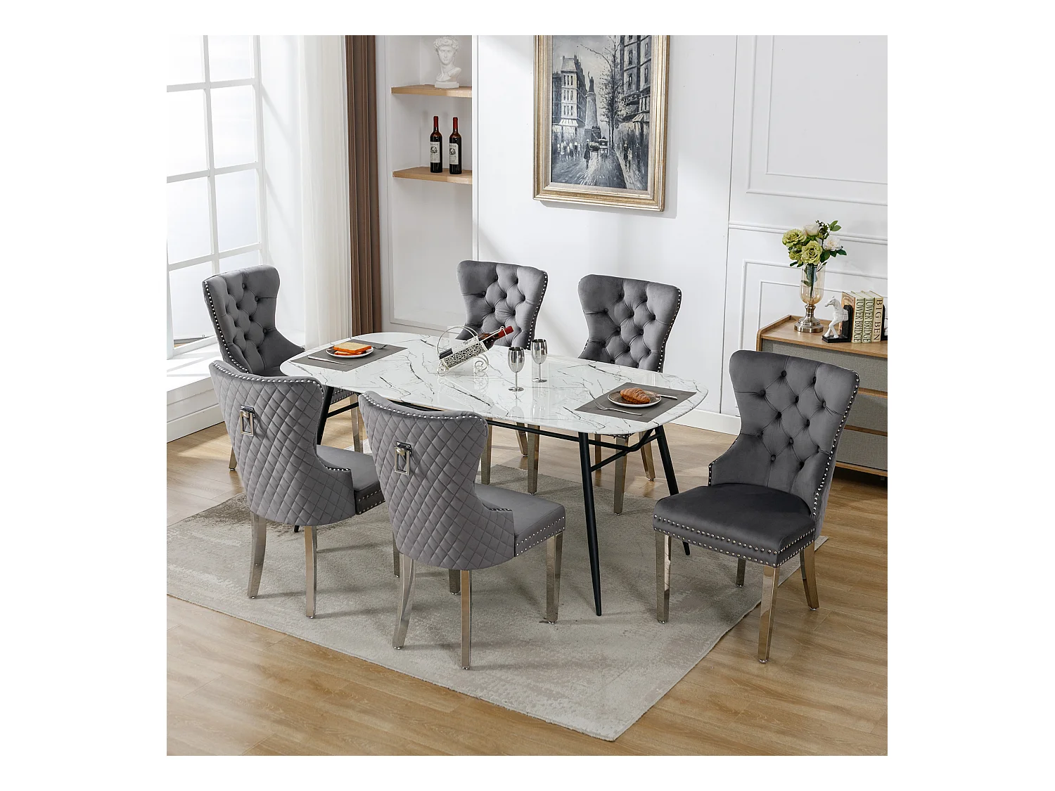 Lot de 6 chaises de salle à manger - 53 x 62.5 x 94.5 cm - chaise rembourrée - pieds en métal - velours - gris