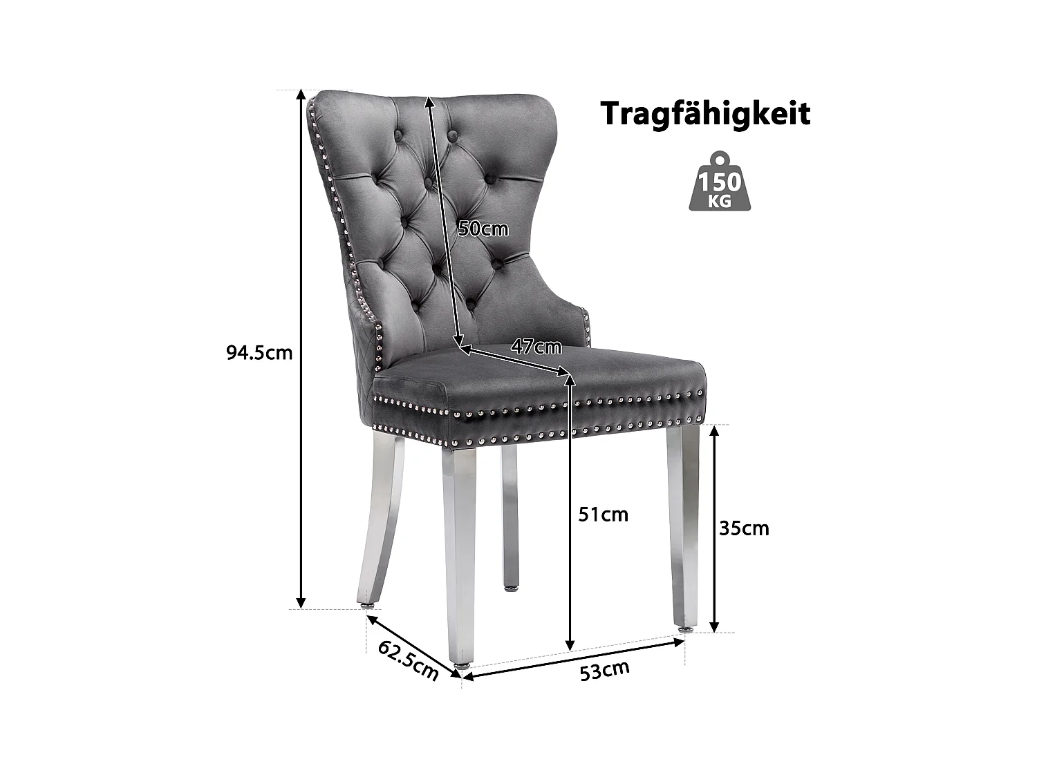 Lot de 6 chaises de salle à manger - 53 x 62.5 x 94.5 cm - chaise rembourrée - pieds en métal - velours - gris