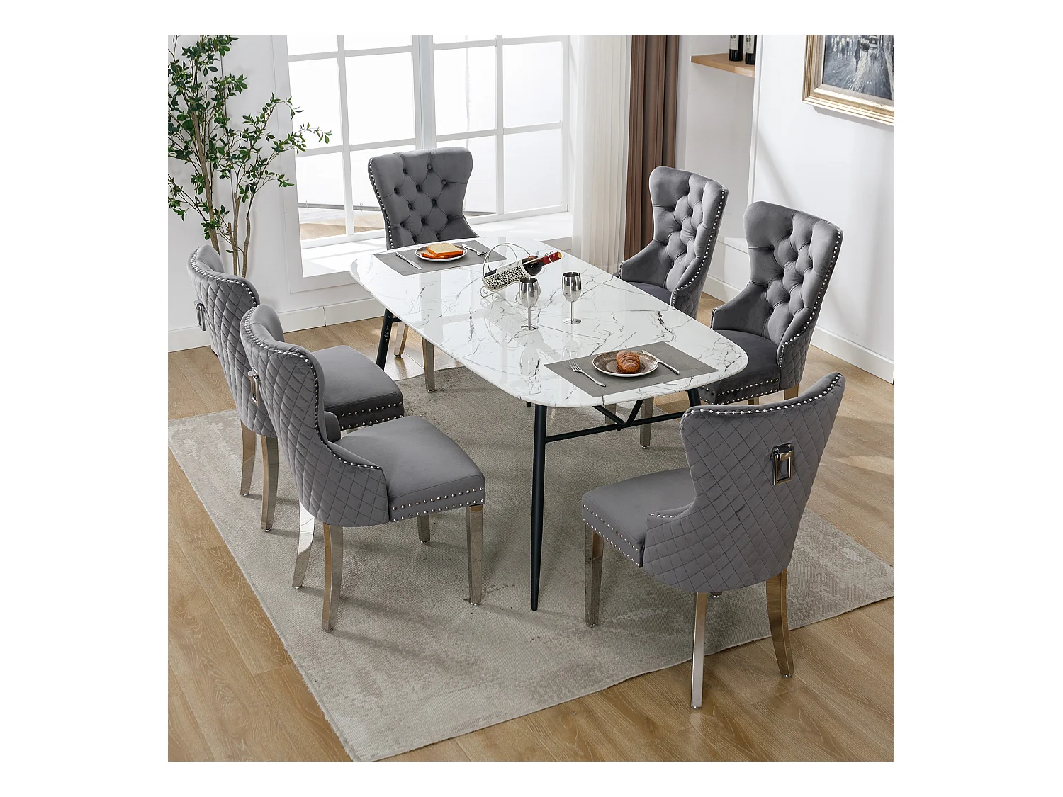 6er Set Esszimmerstühle - 53 x 62,5 x 94,5 cm - Polsterstuhl - Metallbeine - Samt - Grau